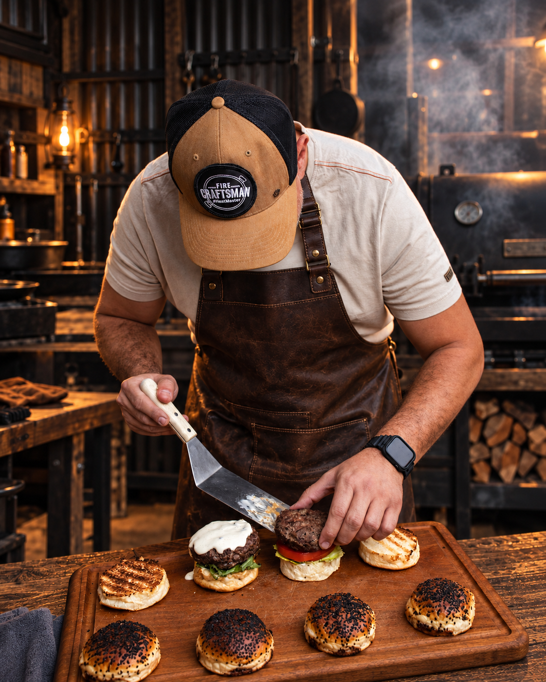 Carlos preparando hamburguesas artesanales en el taller de Fire Craftsman